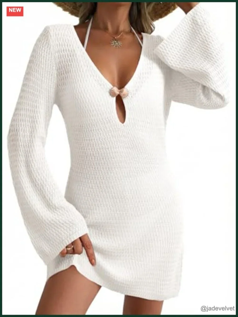 Sexy Deep V Neck Crochet Knit Hollow Out Cover Up Dress Beach Swimsuit